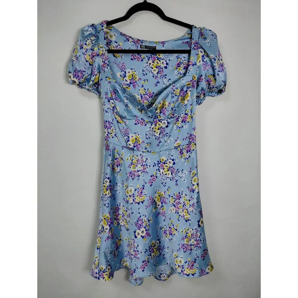 Zara Blue Short Floral Dress Women Size M